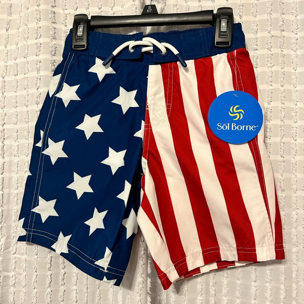 Sol Borne Boys size‎ 6/7 American Flag Swim Shorts